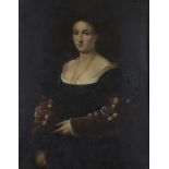 After Titian - La Bella, 18th century oil on canvas, stencils verso, 97cm x 75cm, within a gilt