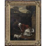 Continental School - Cattle and Sheep beside a Fountain in the Italian Campana, 18th century oil