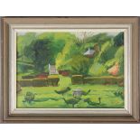 Maurice Cockrill - 'Topiary Garden, Wern' (North Wales), oil on board, signed with initials and