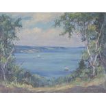 Manly MacDonald - View of a Bay, oil on canvas, signed and dated '68, 49cm x 64.5cm, within a carved