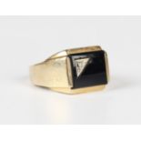 A gold, black onyx and diamond rectangular signet style ring, detailed 'P14K', weight 7.3g, ring