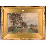 Henry Charles Fox - Sussex Landscape with Herdsman and Cattle on a Country Lane, watercolour with