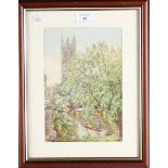 Beatrice Parsons - Punting in Oxford near Magdalen Tower, early 20th century watercolour, signed,