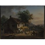 Jean-François Demay - Figures unloading a Hay Cart on a Country Road, oil on canvas, signed and