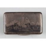 A 19th century Russian silver and niello rectangular snuff box, 84 zolotnik, the hinged lid and base