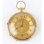 An 18ct gold cased keywind open-faced fob watch with gilt three-quarter plate lever movement, the