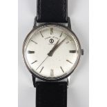 A Favre-Leuba steel circular cased gentleman's wristwatch, the signed silvered dial with baton