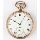A Minerva 9ct gold cased keyless wind open-faced gentleman's pocket watch, the signed Swiss jewelled