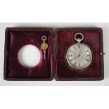 A mid-19th century silver cased keywind open-faced fob watch, the silvered engine turned dial with