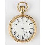 An A.W.W. Co Waltham 18ct gold cased keyless wind open-faced lady's fob watch, the gilt movement