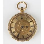 An 18ct gold cased keywind open-faced lady's fob watch with unsigned gilt cylinder movement, the