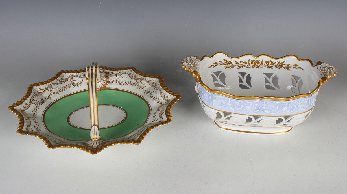 A Ridgway porcelain pierced dessert basket, circa 1810, of rounded rectangular shape with gilt