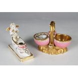 Two porcelain inkwells, probably Ridgway, circa 1820-30, the first in the form of a shoe, painted