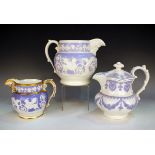 A large Ridgway lavender blue ground jug, circa 1815-20, sprigged in white with a gryphon and