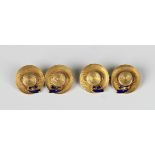 A pair of gold and blue enamelled cufflinks, each designed as a pair of straw boater hats with