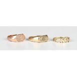 A 9ct rose gold signet ring, monogram engraved, Birmingham 1924, ring size approx N, a 9ct gold