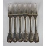 A set of six George IV silver Fiddle, Thread and Shell pattern table forks, London 1824 by William