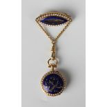 A gold cased, blue enamelled, diamond and half-pearl set lady's keyless wind open-faced fob watch