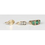 A 9ct gold ring, mounted with three oval cut synthetic green spinel alternating with three