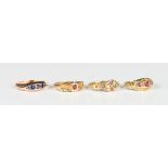 An 18ct gold, diamond and red gem set five stone ring, Birmingham 1918, weight 1.7g, ring size