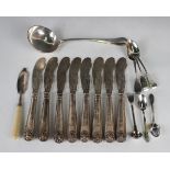 A set of eight Victorian silver Old English, Thread and Shell pattern fish knives, each shaped blade