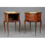 A pair of early 20th century French kingwood bedside tables, each marble top with a gilt brass