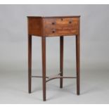 A George III mahogany side table with boxwood stringing, the hinged lid above a single drawer,