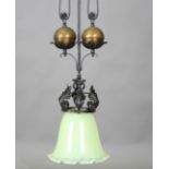 A late Victorian Arts and Crafts wrought iron and gilt brass rise-and-fall ceiling light, fitted