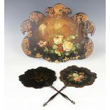 A pair of Victorian papier-mâché pole screen panels, decorated with flowers and exotic birds,