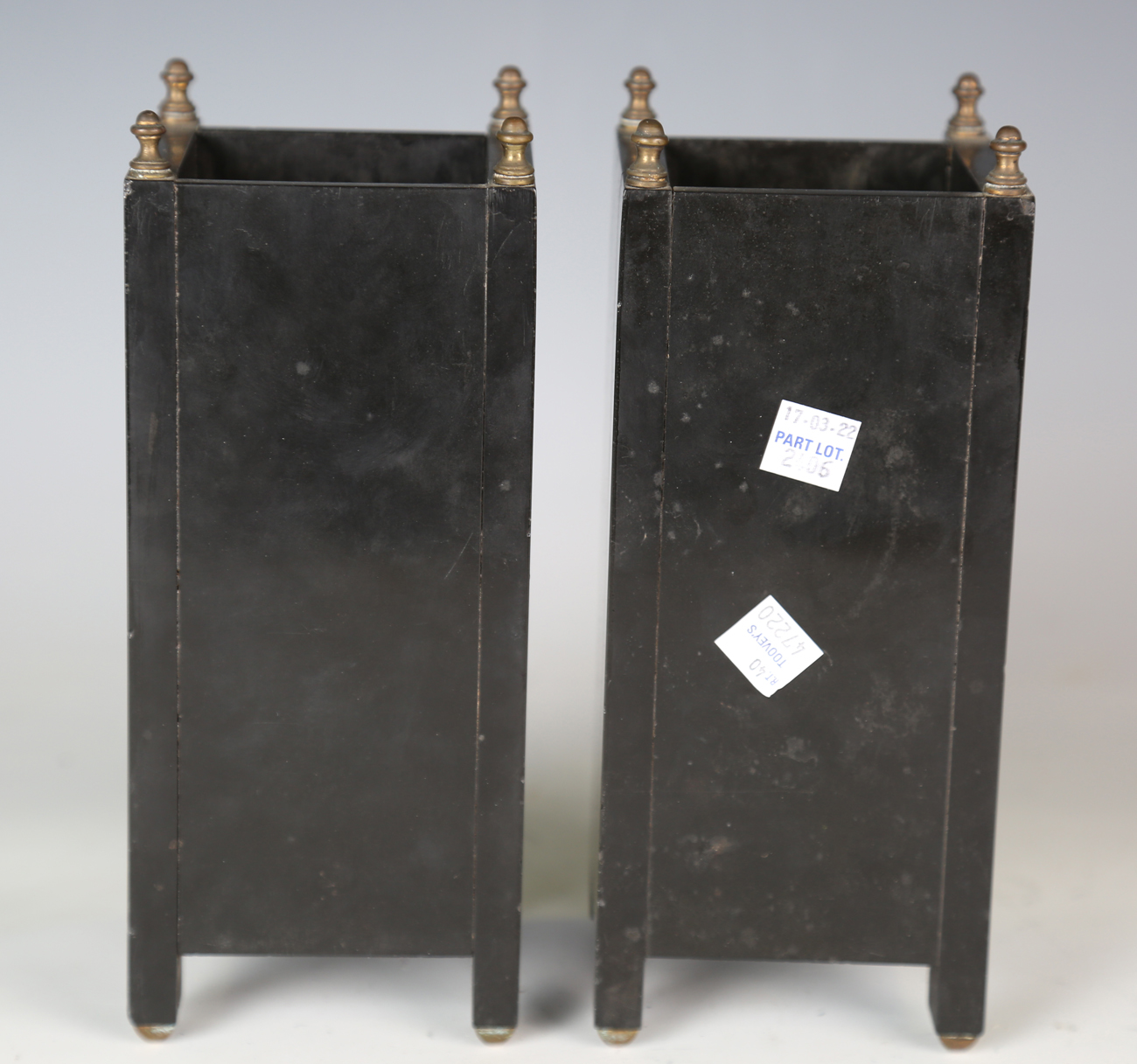A pair of late Victorian Aesthetic Movement slate and gilt decorated mantel vases, each front - Image 5 of 7