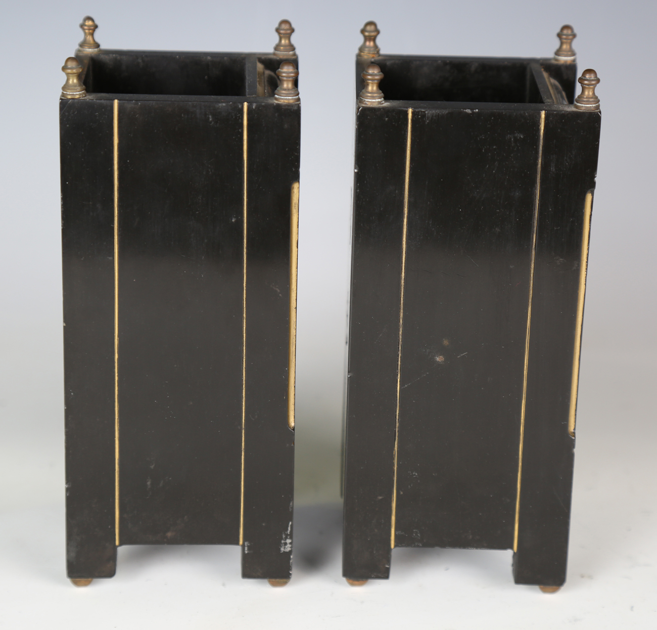 A pair of late Victorian Aesthetic Movement slate and gilt decorated mantel vases, each front - Image 6 of 7