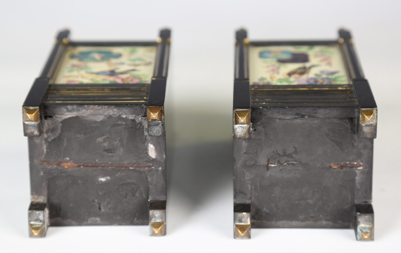 A pair of late Victorian Aesthetic Movement slate and gilt decorated mantel vases, each front - Image 2 of 7