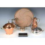 A group of W.A.S. Benson metalwares, including a circular copper tray, diameter 38cm, two tappit