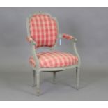 An early 20th century Louis XVI style grey painted carved wooden showframe fauteuil armchair,