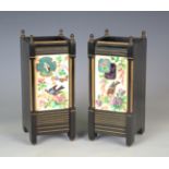 A pair of late Victorian Aesthetic Movement slate and gilt decorated mantel vases, each front