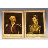 A pair of reverse printed portraits on glass, depicting King George III and HM Queen Charlotte, each