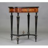 A late Victorian burr walnut and marquetry inlaid poudreuse dressing table, the hinged lid and
