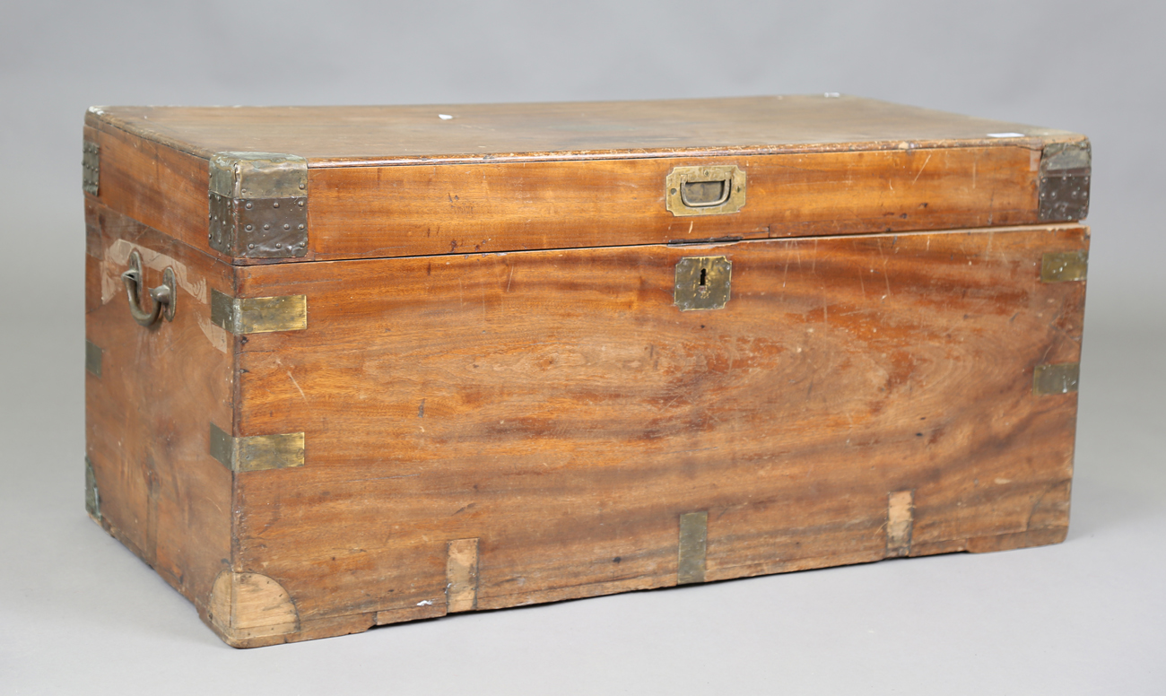 A 20th century camphor and brass bound trunk, height 48cm, width 104cm, depth 51cm (some faults).