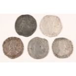 A group of five Charles I hammered shillings, including mintmarks triangle, star and sun.Buyer’s