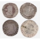 A James I hammered shilling, mintmark lis, two James I shillings and an Edward VI shilling, mintmark