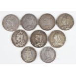 A group of six Victoria Jubilee Head crowns, comprising four 1889 and two 1891, together with a