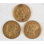 Three Victoria Young Head sovereigns, comprising 1842, 1884 and one with indistinct date due to