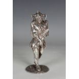 A George V silver novelty pepper caster, finely modelled as a standing court jester, the removable