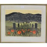 Robert Taverner - 'Poppies & Downs (No. 3)', artist's proof colour linocut circa 1970, signed,