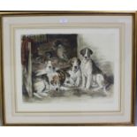 After John Emms - Hours of Idleness (Foxhounds and Terrier in a Stable), 20th century etching with