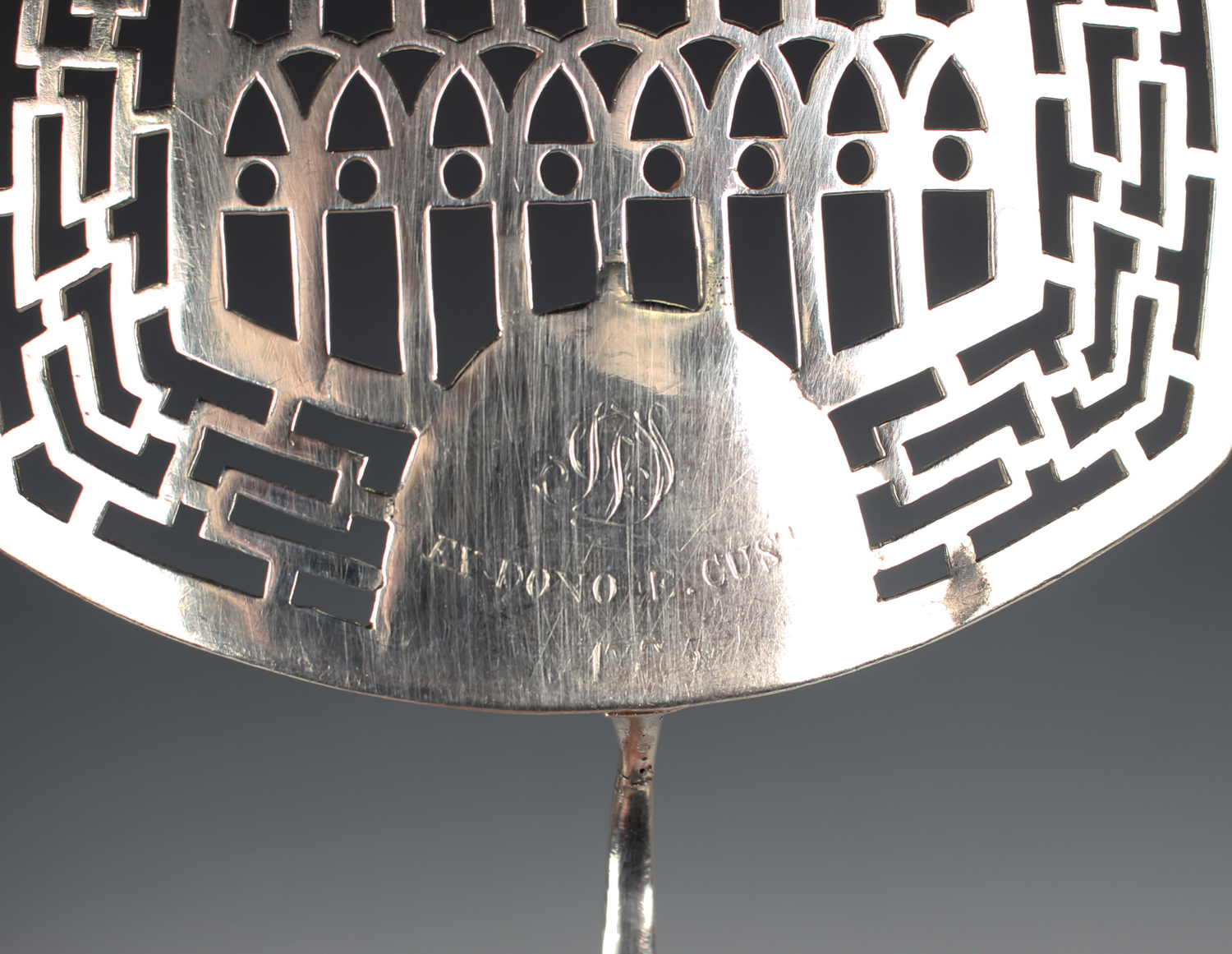 A George III silver fish slice with pierced scroll handle and geometric pierced blade united by a - Image 3 of 4