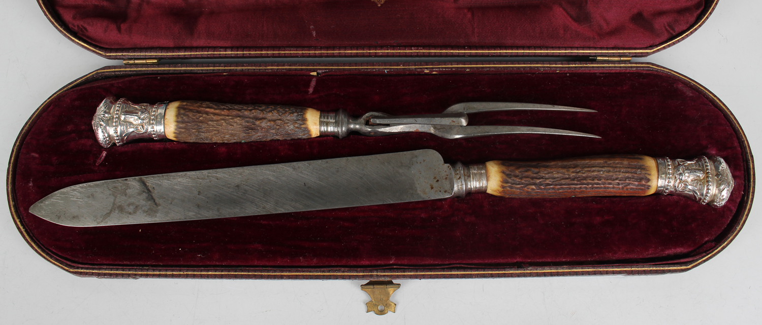 A silver mounted stag antler handled two-piece carving knife and fork set with steel blade and - Image 2 of 3