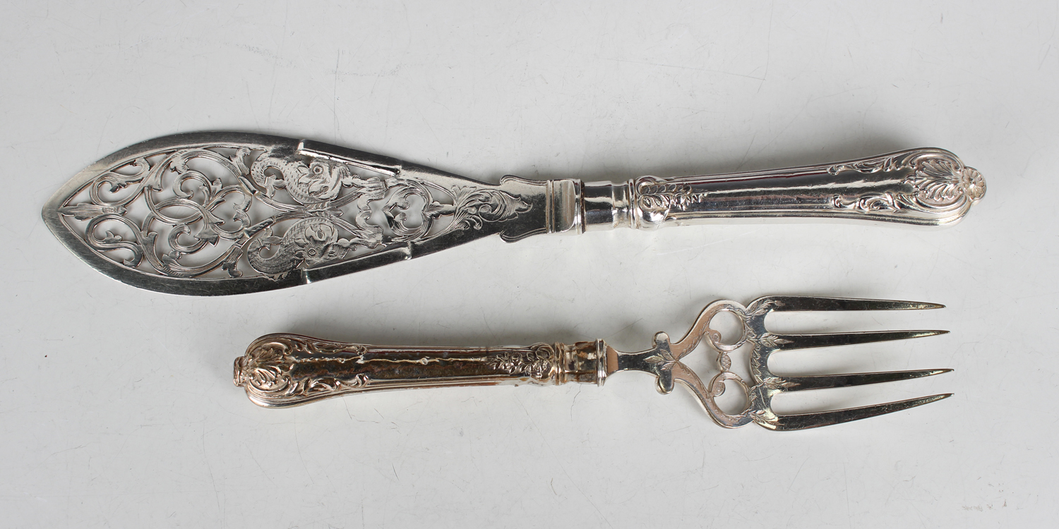 A silver mounted stag antler handled two-piece carving knife and fork set with steel blade and - Image 3 of 3