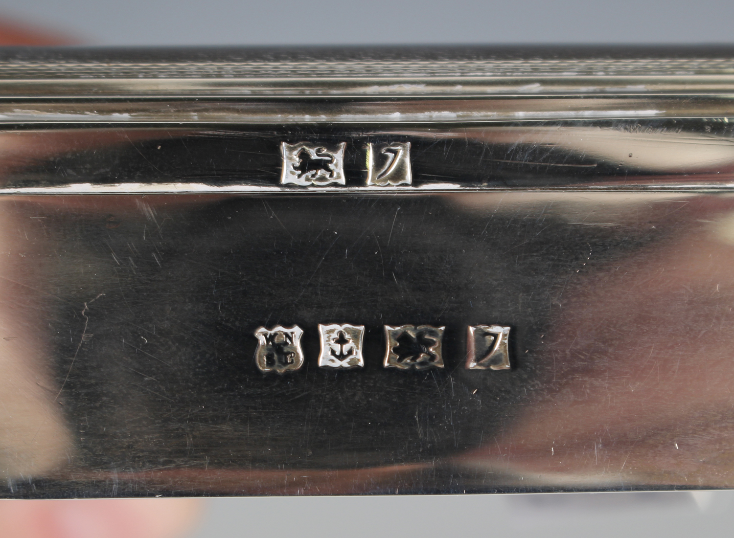 An Elizabeth II silver square cigarette box with geometric engine turned hinged lid, Birmingham 1954 - Image 2 of 7