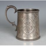 A Victorian silver tapering cylindrical christening tankard with scroll handle, the body engraved
